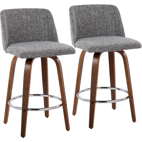 Toriano 26" Counter Stool in Grey Noise Fabric, Walnut Finish & Chrome (Set of 2)